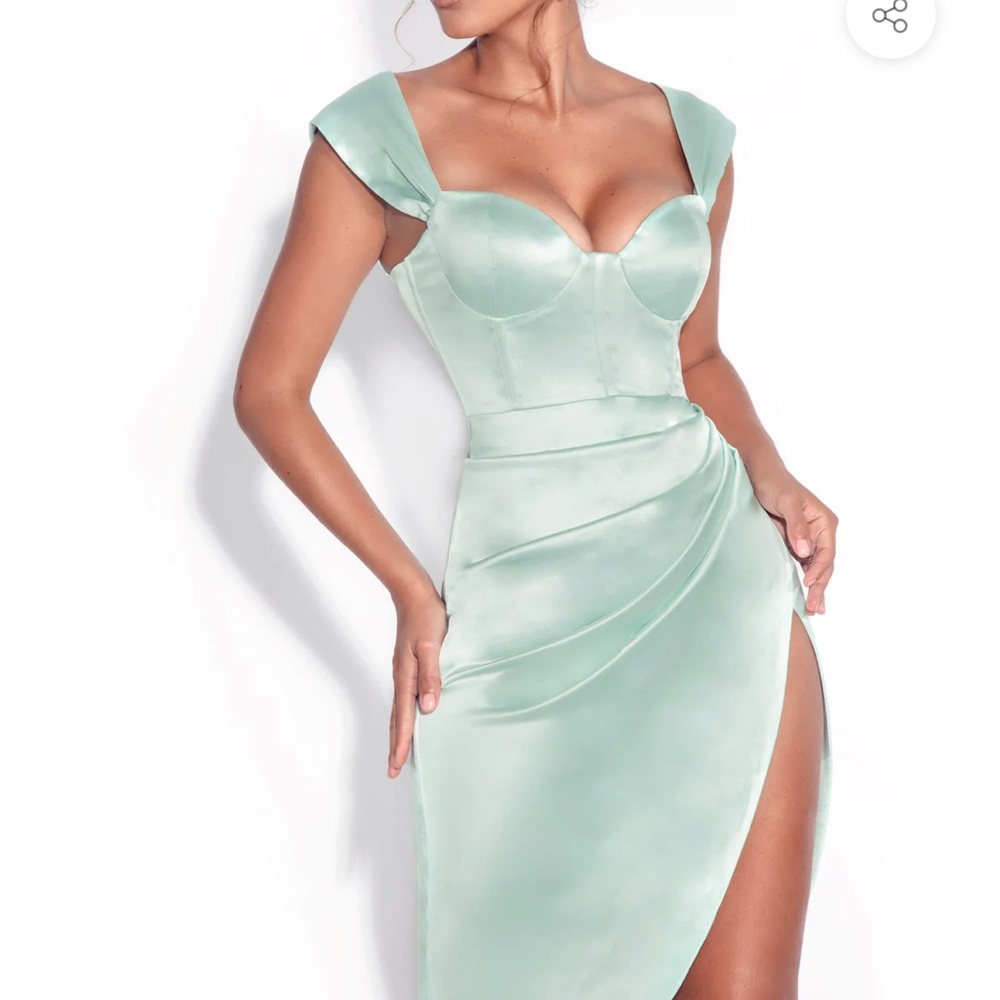 Miss Circle Mint Satin Bustier Slit Evening Dress